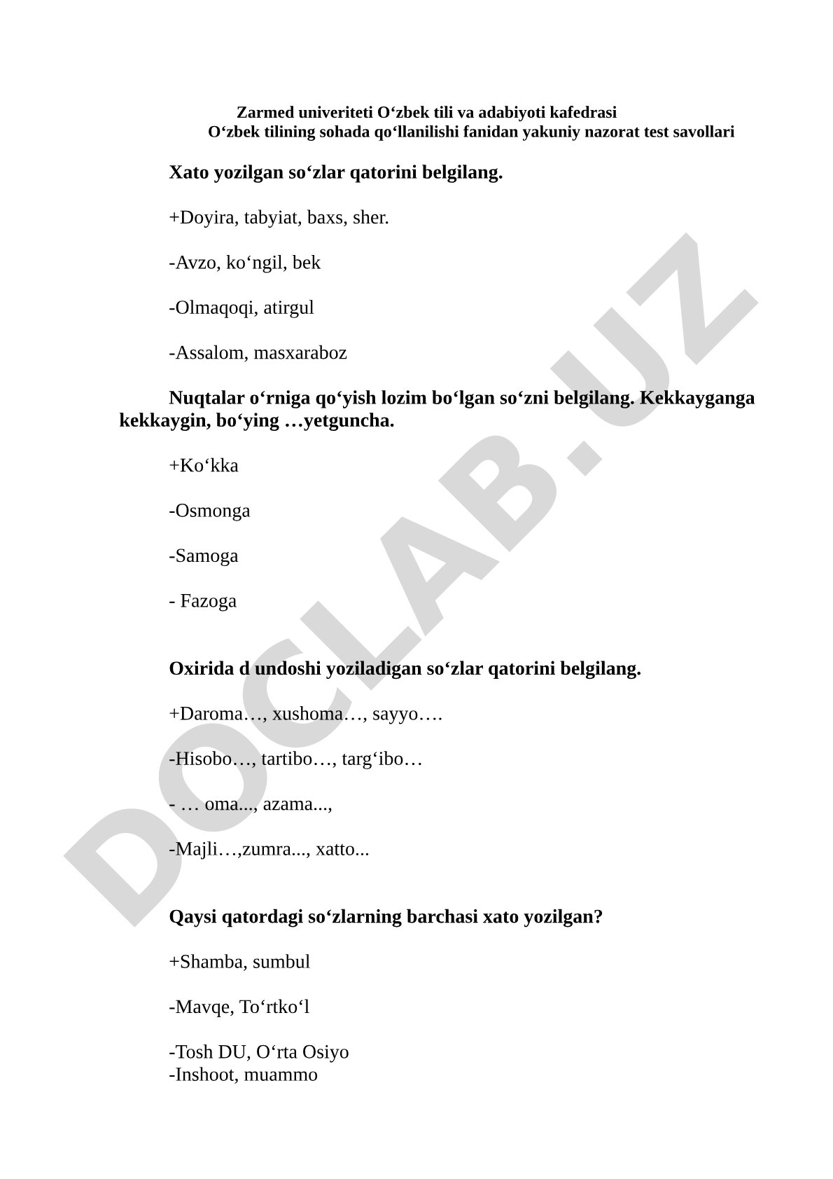 O‘zbek tilining sohada qo‘llanilishi fanidan yakuniy nazorat test savollari