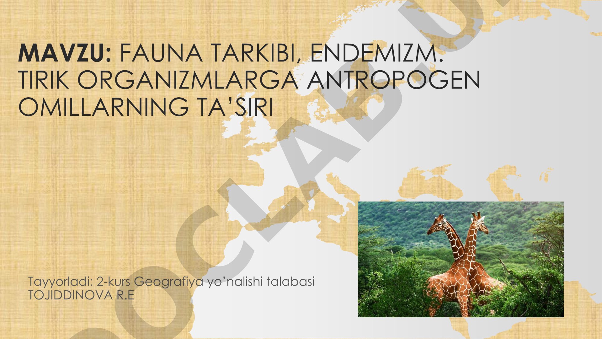 FAUNA TARKIBI, ENDEMIZM. TIRIK ORGANIZMLARGA ANTROPOGEN OMILLARNING TA’SIRI