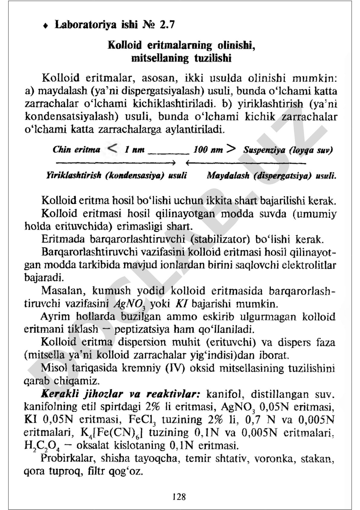 Kolloid eritmalarning olinishi, mitsellaning tuzilishi