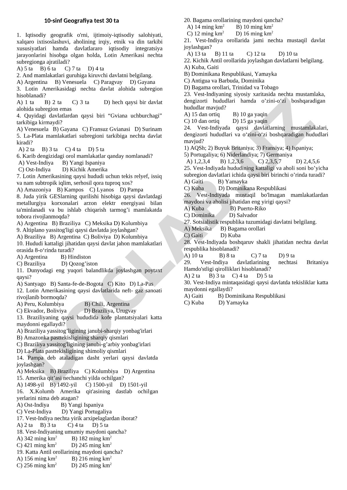 10-sinf Geografiya test: Lotin Amerikasi