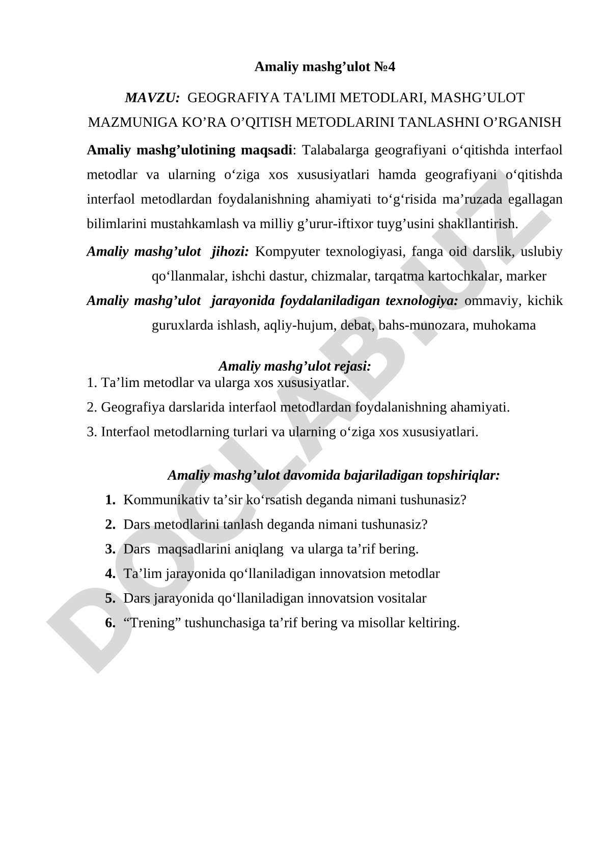Ta’lim metodlar va ularga xos xususiyatlar