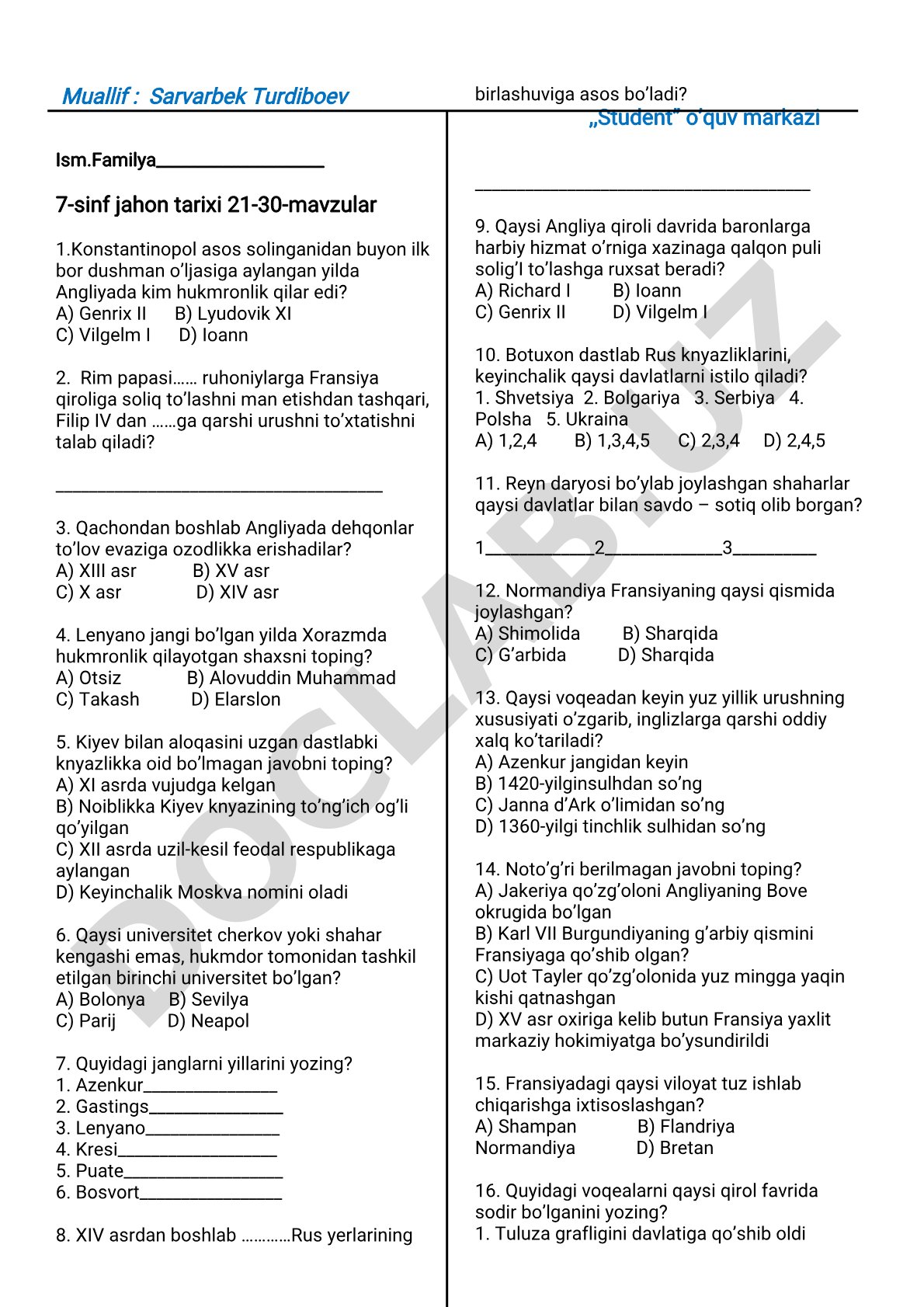 7-sinf jahon tarixi 21-30-mavzular