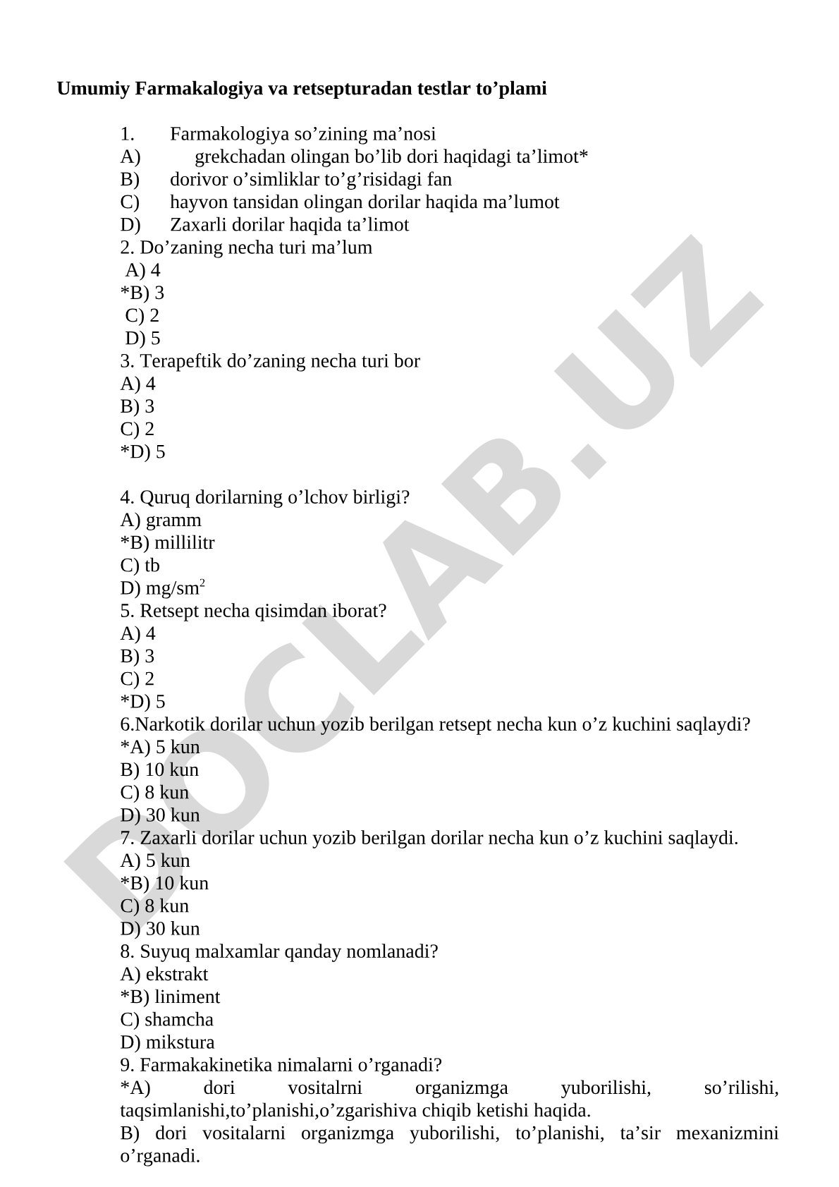 Umumiy Farmakalogiya va retsepturadan testlar to'plami