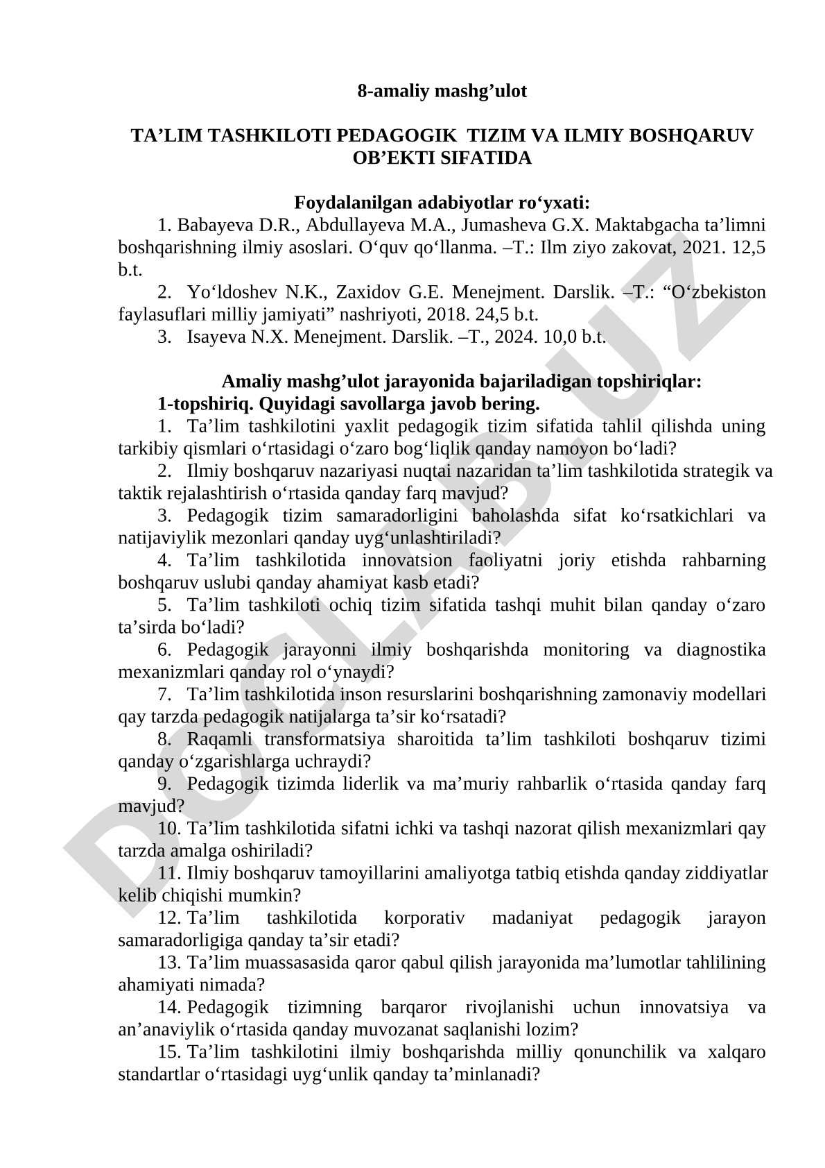 Ta'lim tashkiloti pedagogik tizim va ilmiy boshqaruv ob'ekti sifatida