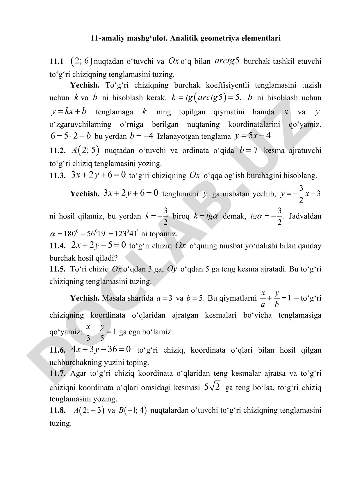 Analitik geometriya fanidan to'g'ri chiziq tenglamalariga oid misollar