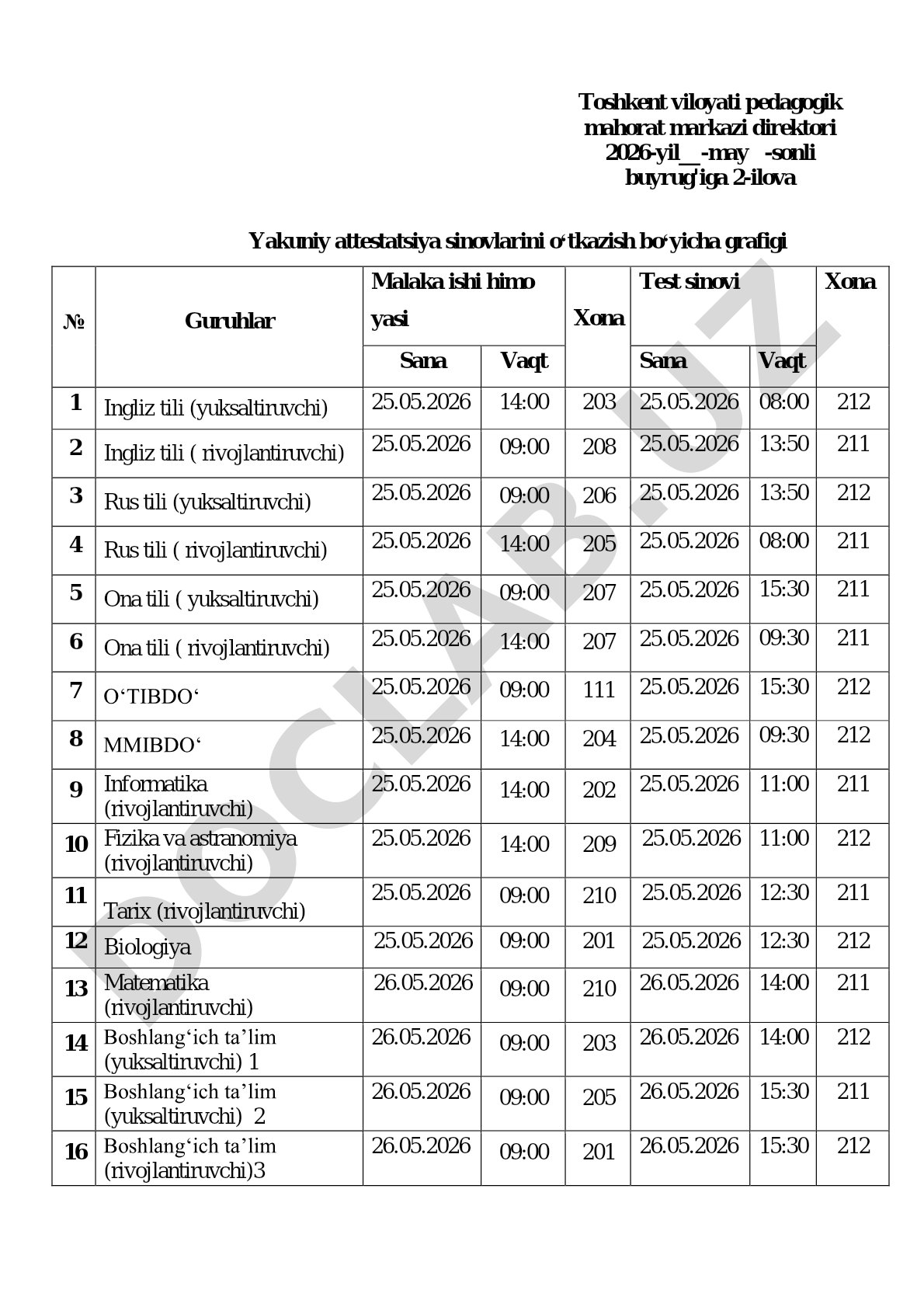 Yakuniy attestatsiya sinovlarini o‘tkazish bo‘yicha grafigi