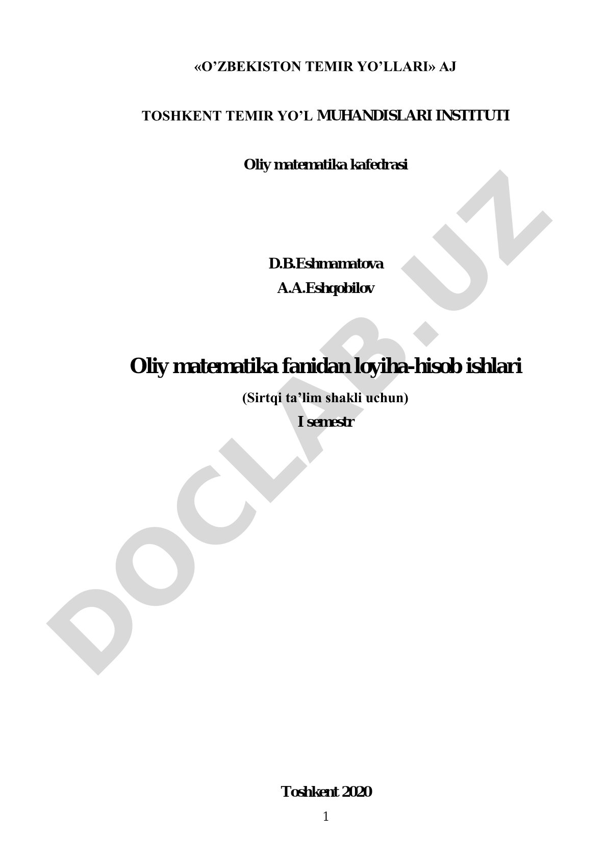 Oliy matematika fanidan loyiha-hisob ishlari
