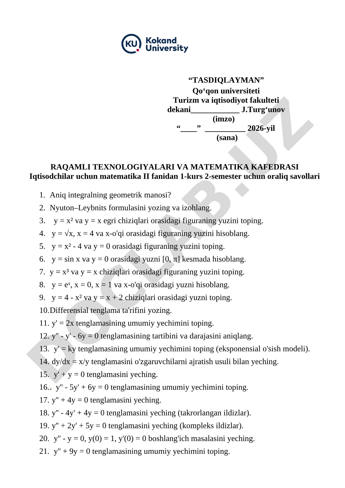 Iqtisodchilar uchun matematika II oraliq savollari