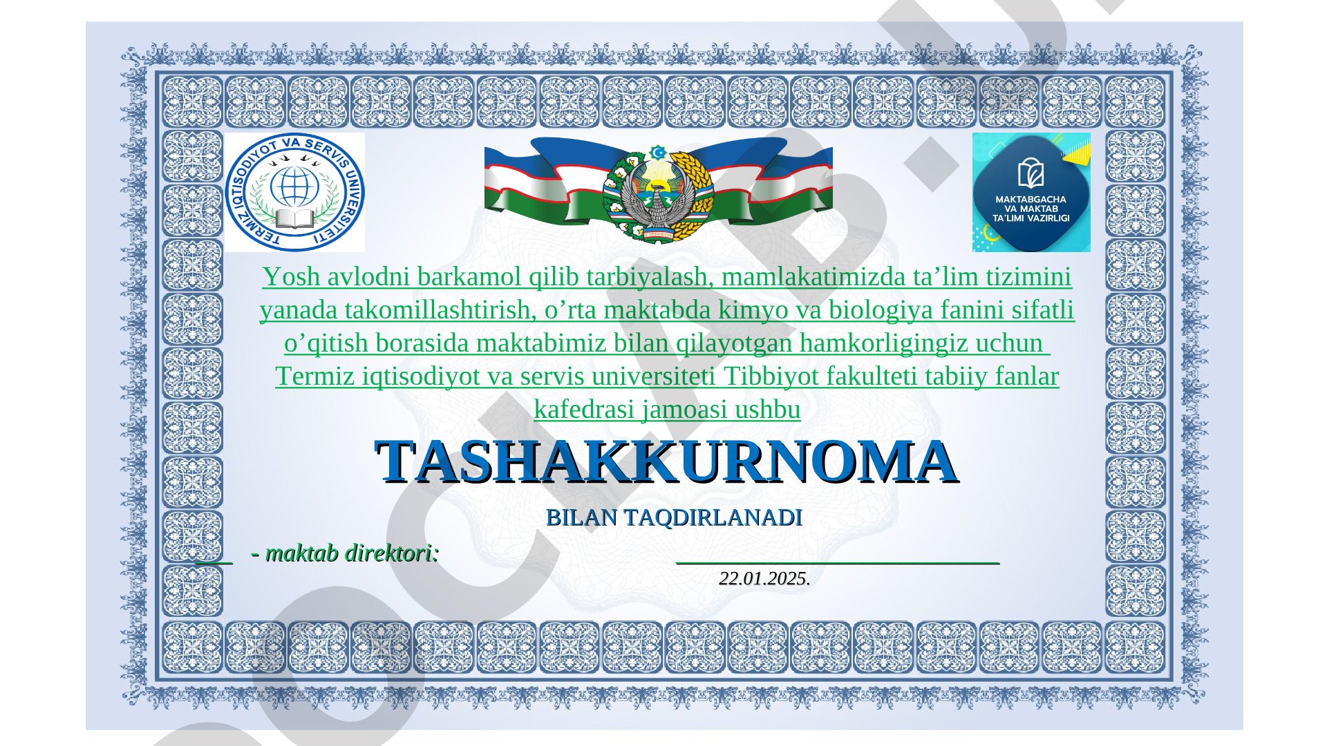 Kimyo va fizika fanlaridan master-klass uchun tashakkurnoma