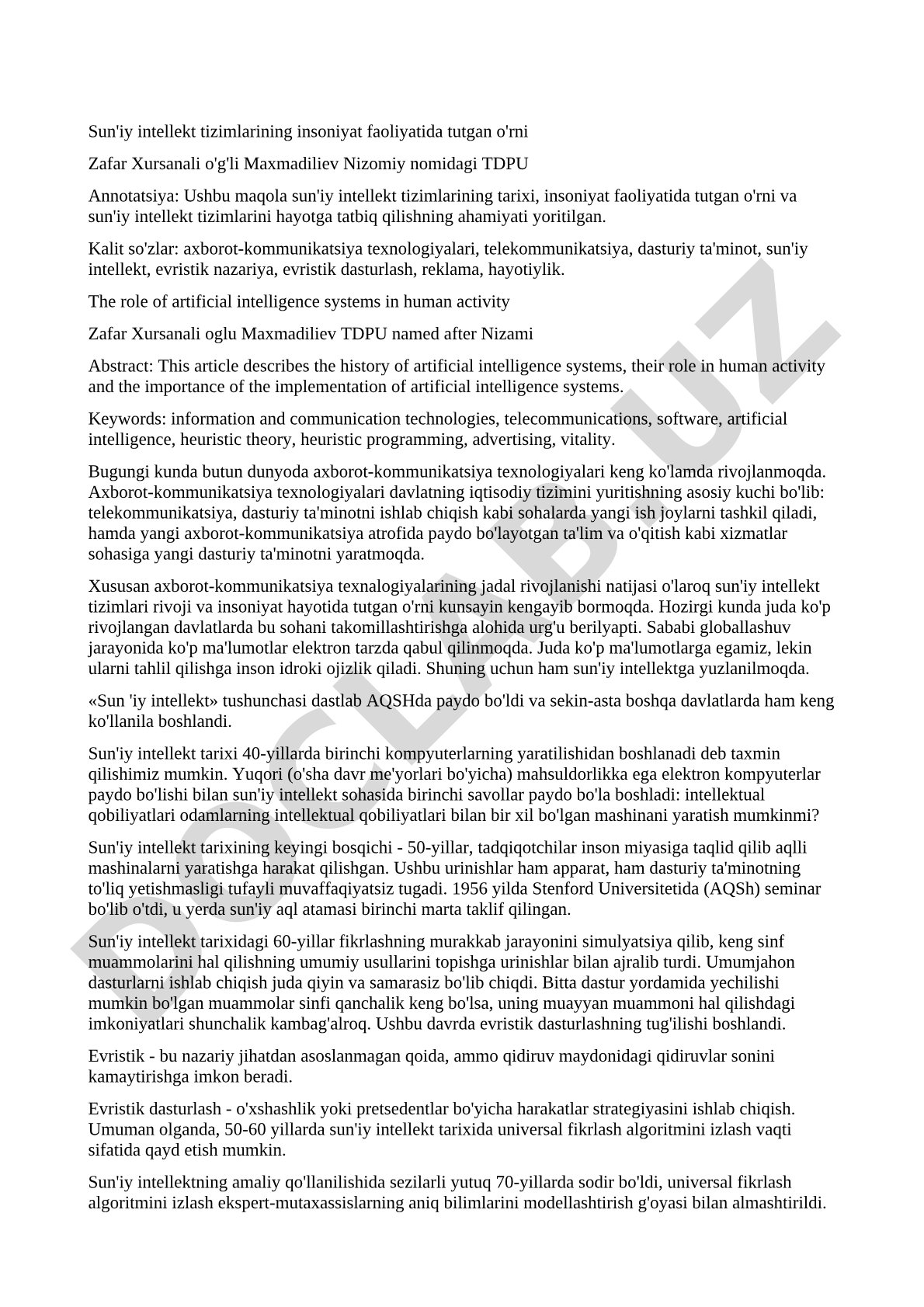 Sun'iy intellekt tizimlarining insoniyat faoliyatida tutgan o'rni