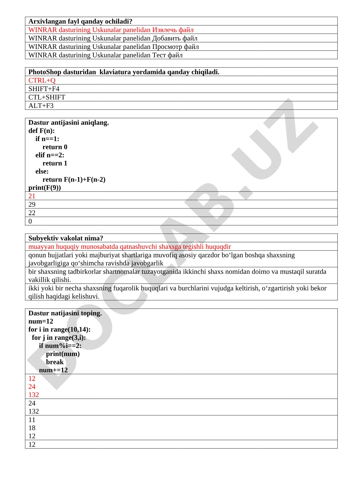 Informatika va huquq fanlaridan test savollari