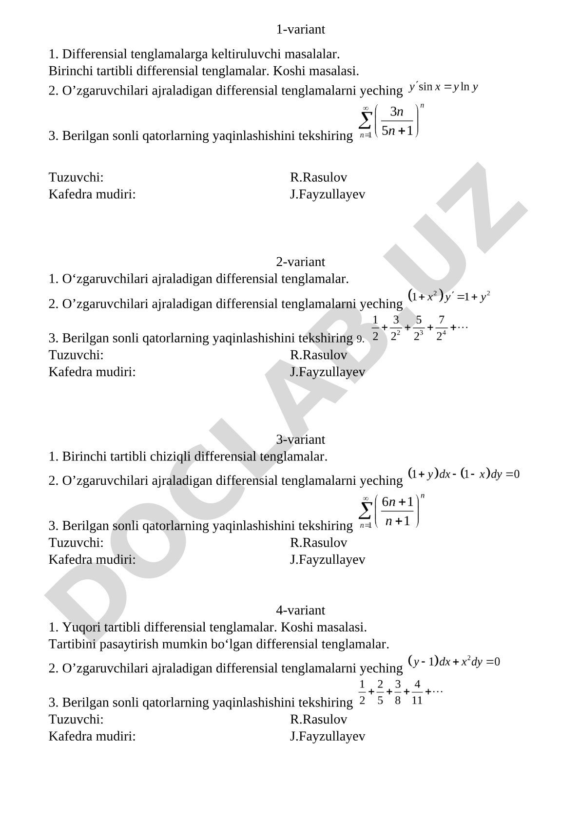 Differensial tenglamalar va sonli qatorlar bo'yicha mustaqil ish variantlari