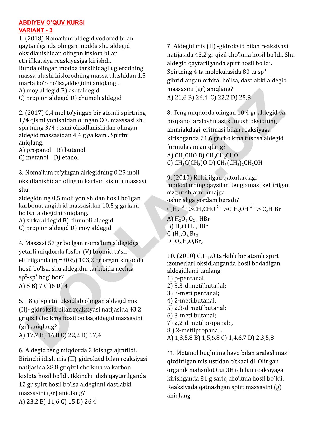 Kimyodan aldegid va spirtlarga oid test savollari