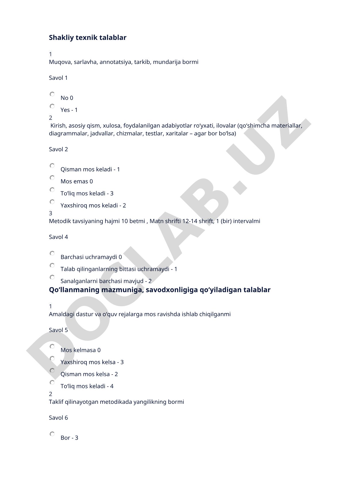 Metodik tavsiyalar uchun shakliy texnik talablar