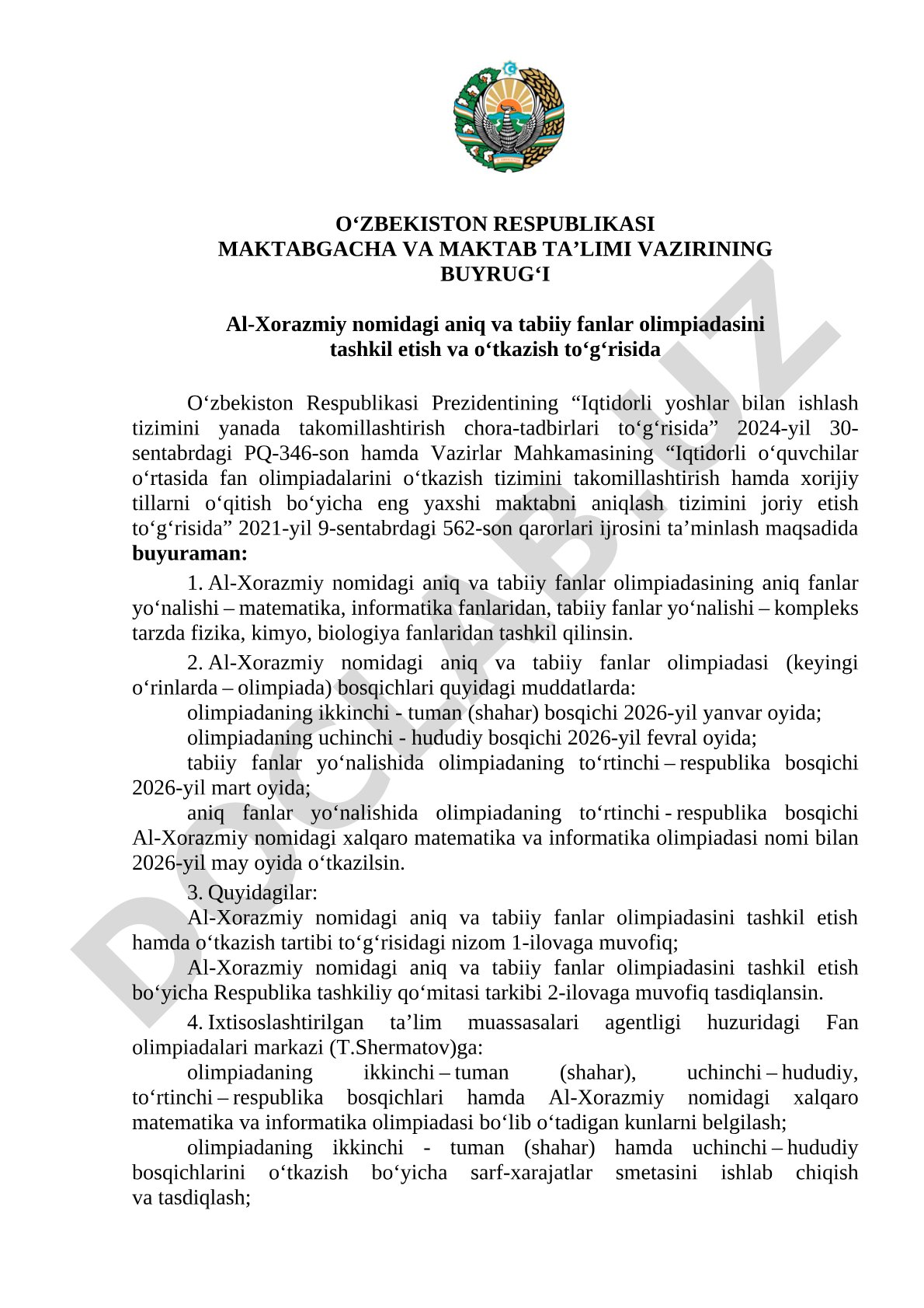Al-Xorazmiy nomidagi aniq va tabiiy fanlar olimpiadasini tashkil etish va o‘tkazish