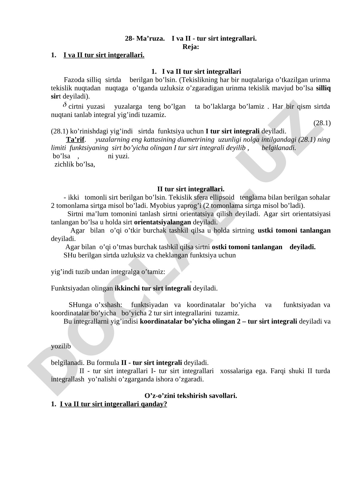 I va II tur sirt integrallari