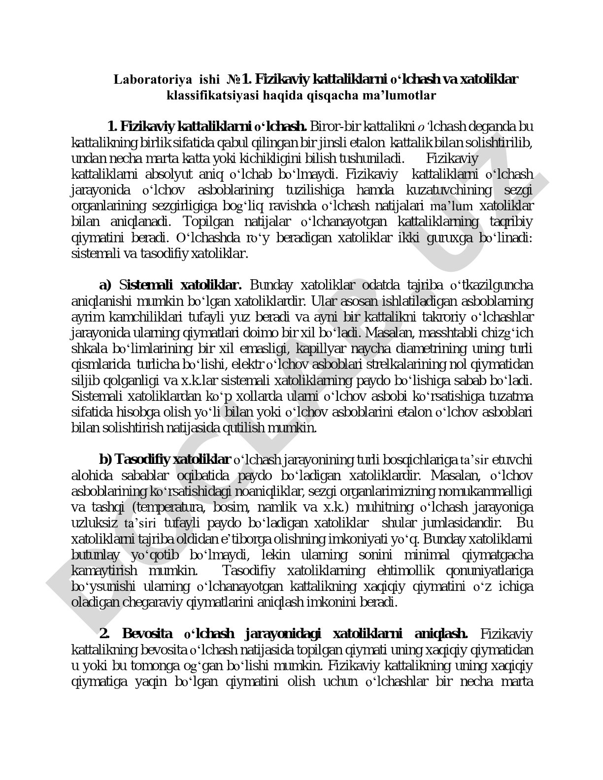 Fizikaviy kattaliklarni o‘lchash va xatoliklar klassifikatsiyasi