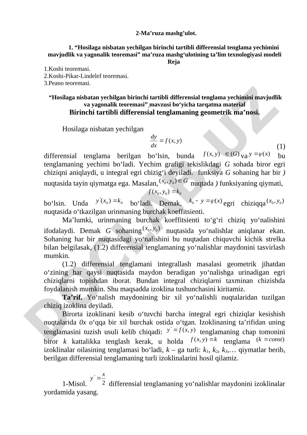Hosilaga nisbatan yechilgan birinchi tartibli differensial tenglama yechimini mavjudlik va yagonalik teoremasi