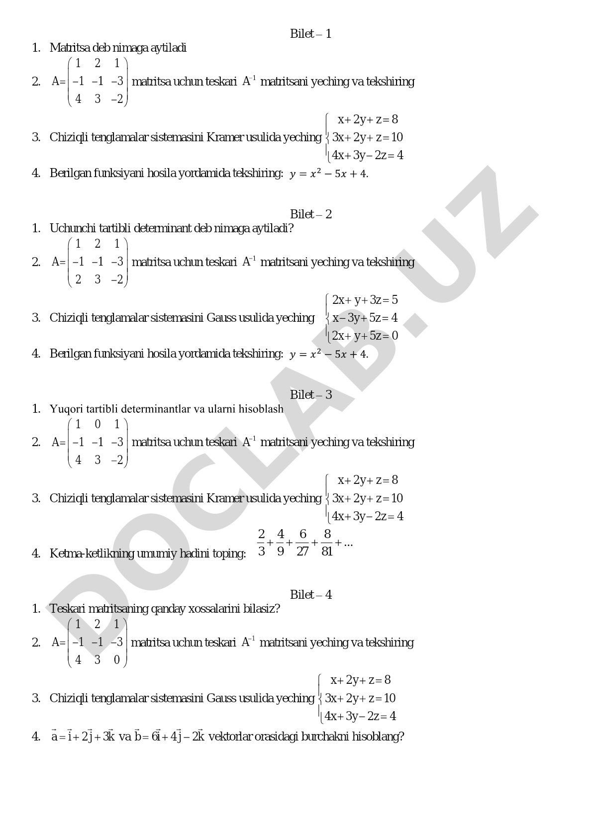 Oliy matematikadan imtihon biletlari