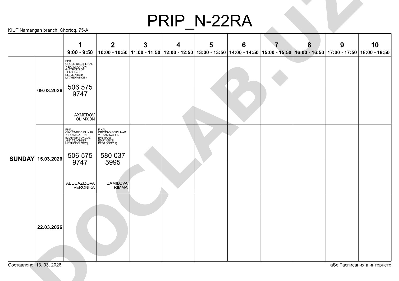 Final cross-disciplinary examination schedule