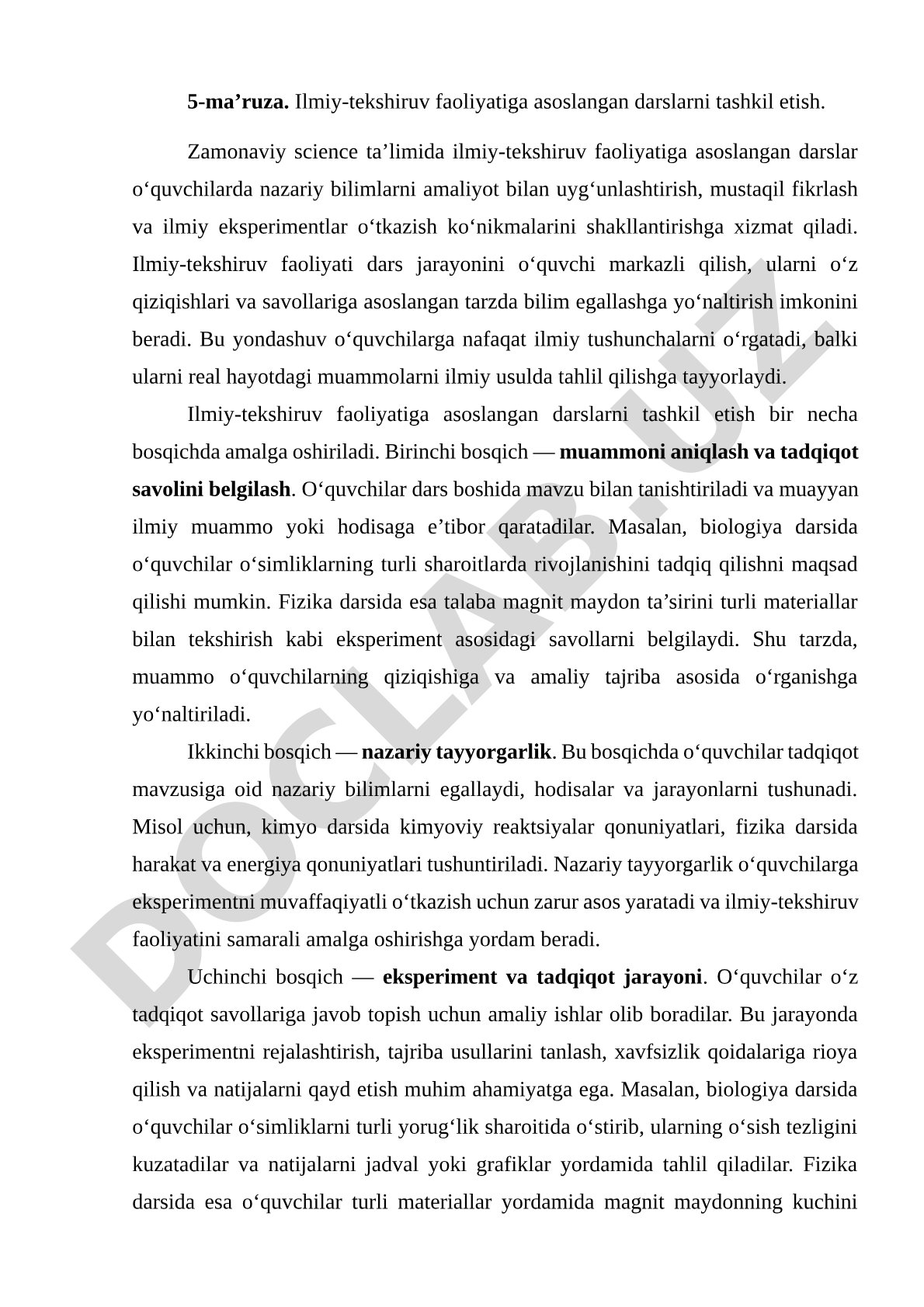 Ilmiy-tekshiruv faoliyatiga asoslangan darslarni tashkil etish