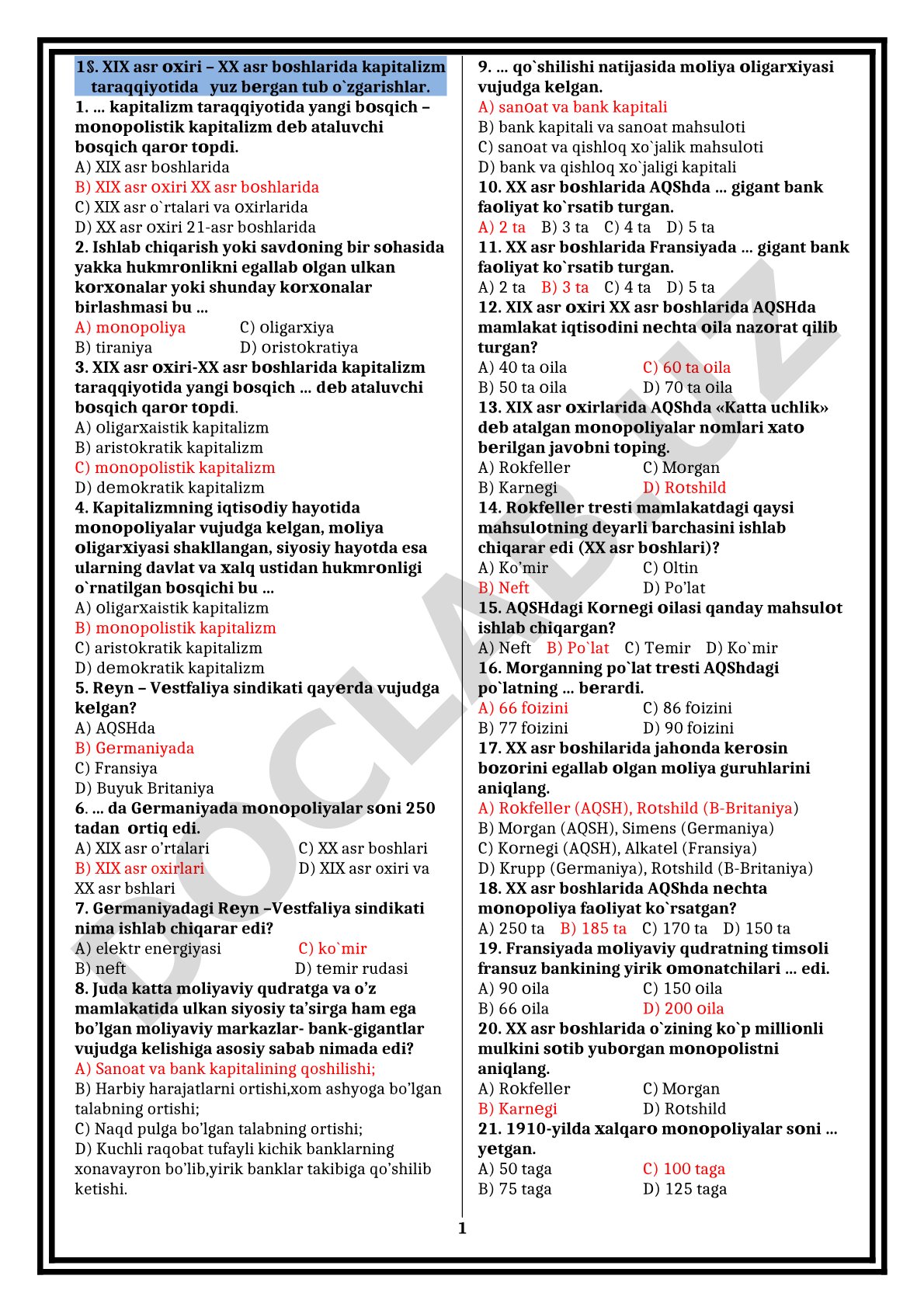 XIX asr oxiri – XX asr boshlarida kapitalizm taraqqiyotida yuz bergan tub o'zgarishlar