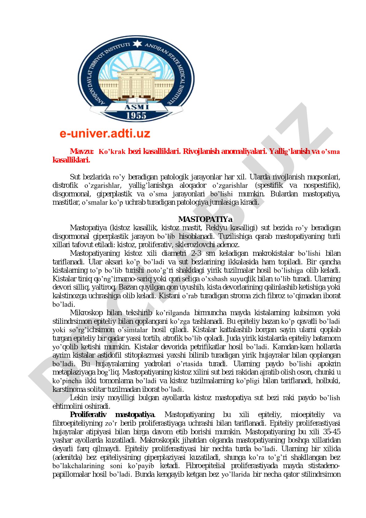 Ko’krak bezi kasalliklari. Rivojlanish anomaliyalari. Yallig’lanish va o’sma kasalliklari.