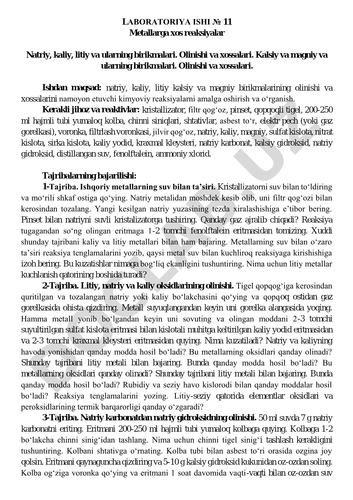 Metallarga xos reaksiyalar: natriy, kaliy, litiy, kalsiy va magniy birikmalarining olinishi va xossalari
