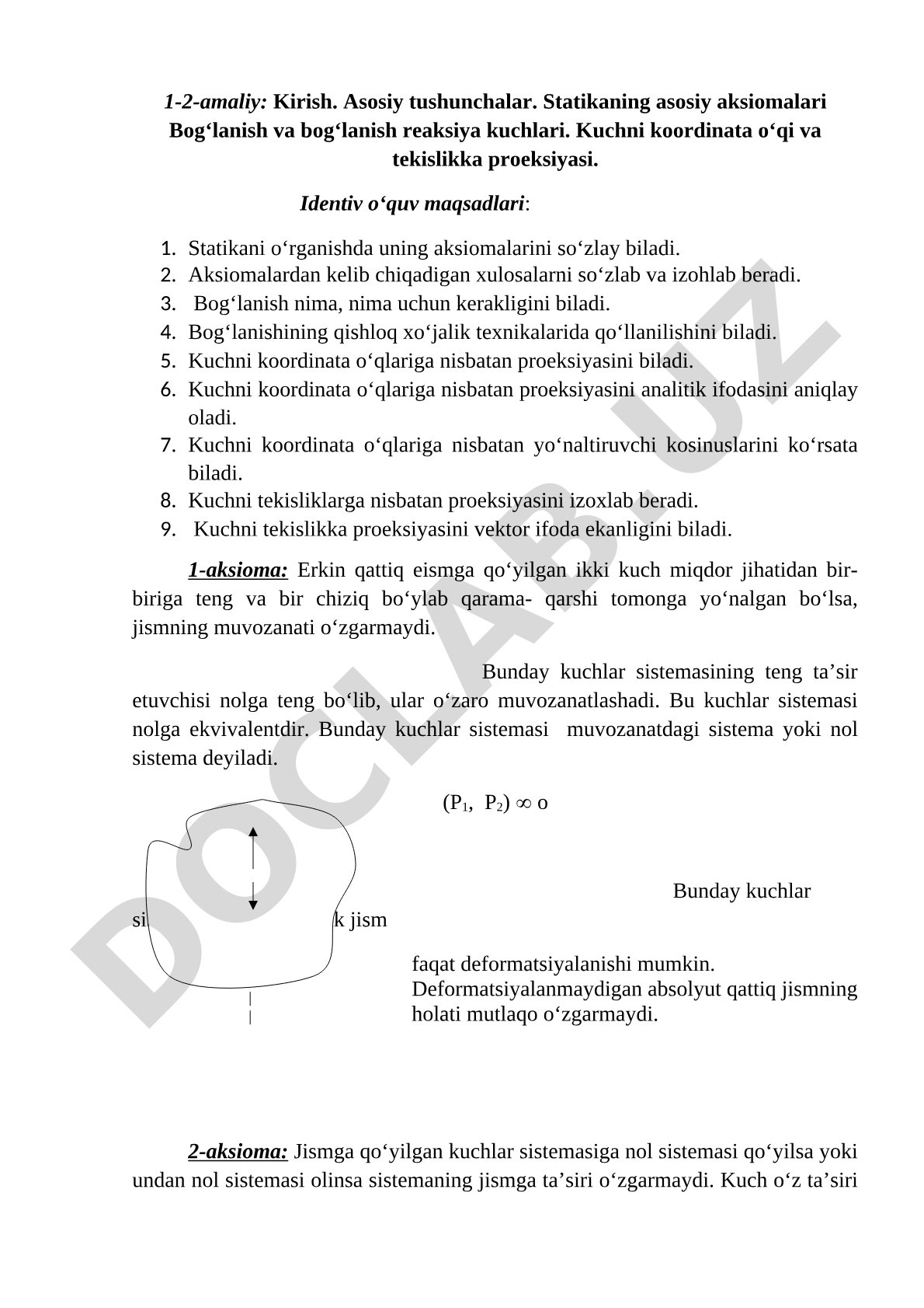 Statika aksiomalari va kuch proeksiyalari