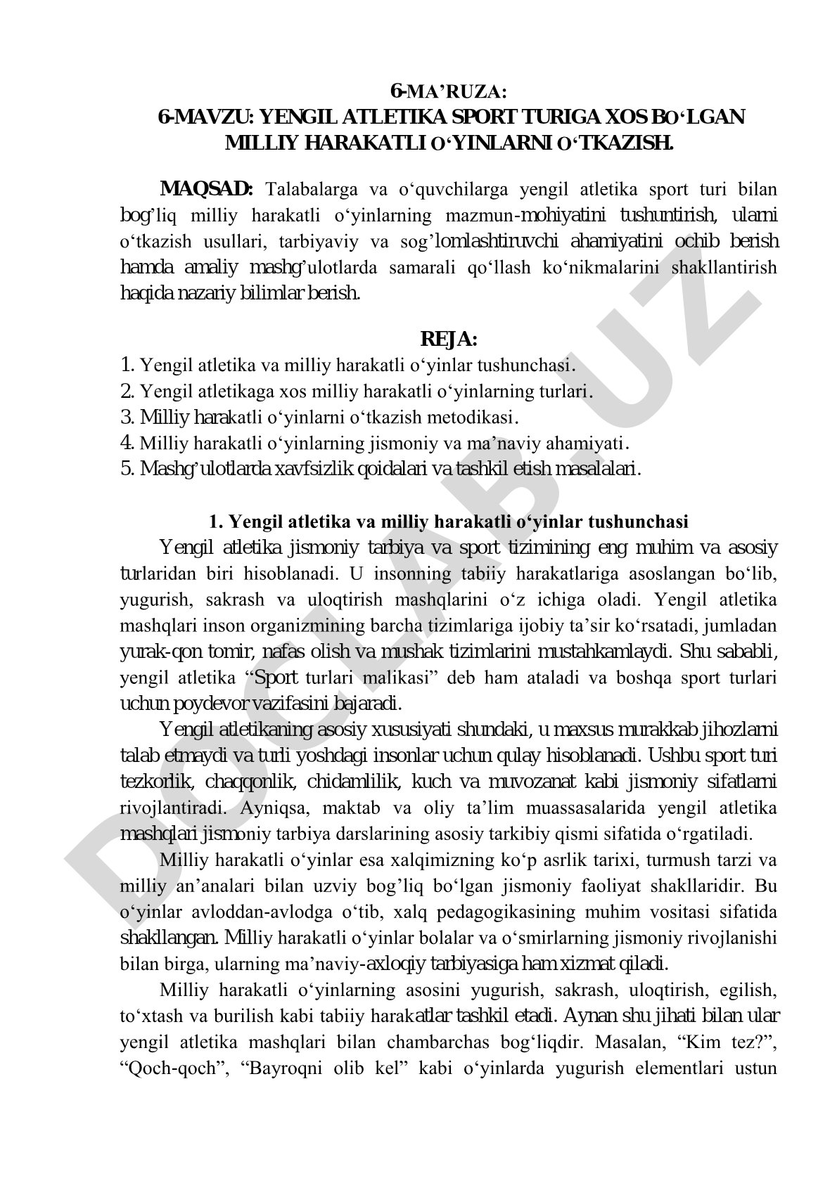 Yengil atletika sport turiga xos bo'lgan milliy harakatli o'yinlarni o'tkazish