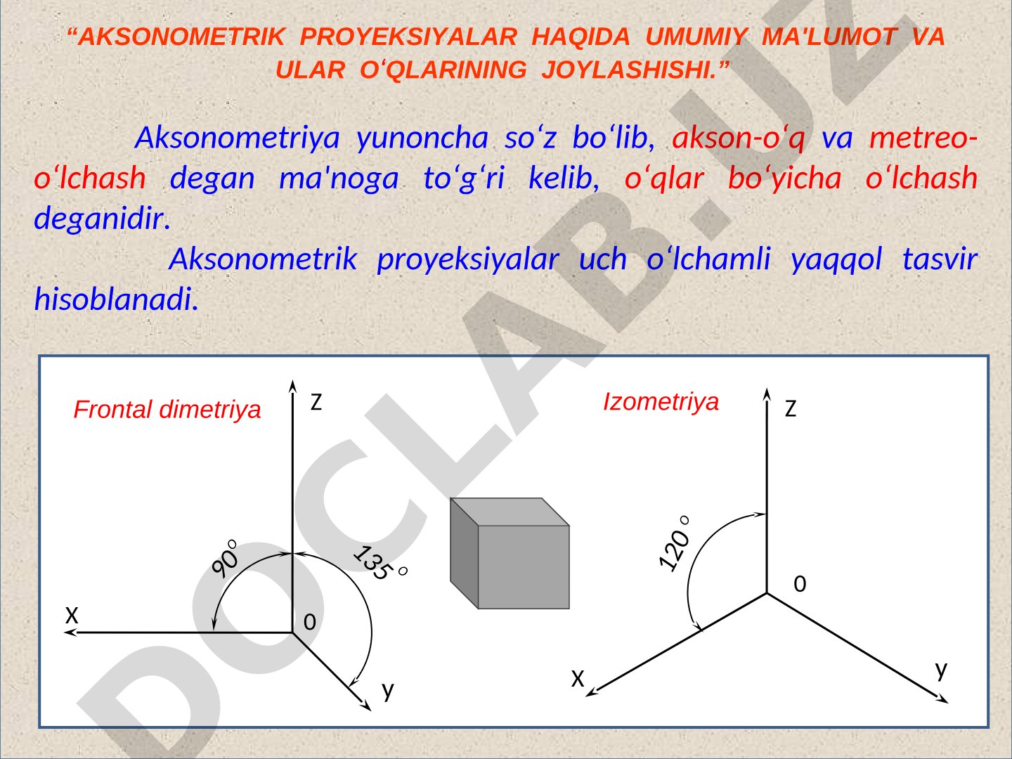 Aksonometrik proyeksiyalar haqida umumiy ma'lumot va ular o'qlarining joylashishi