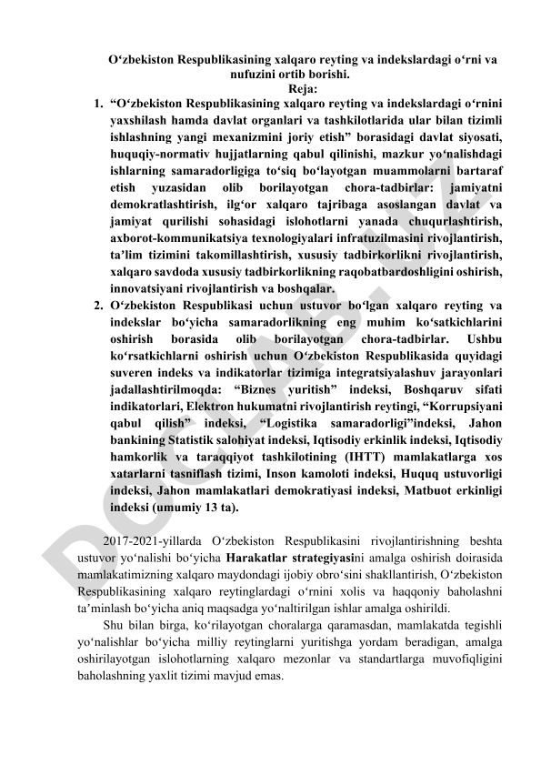 Oʻzbekiston Respublikasining xalqaro reyting va indekslardagi oʻrni va nufuzini ortib borishi