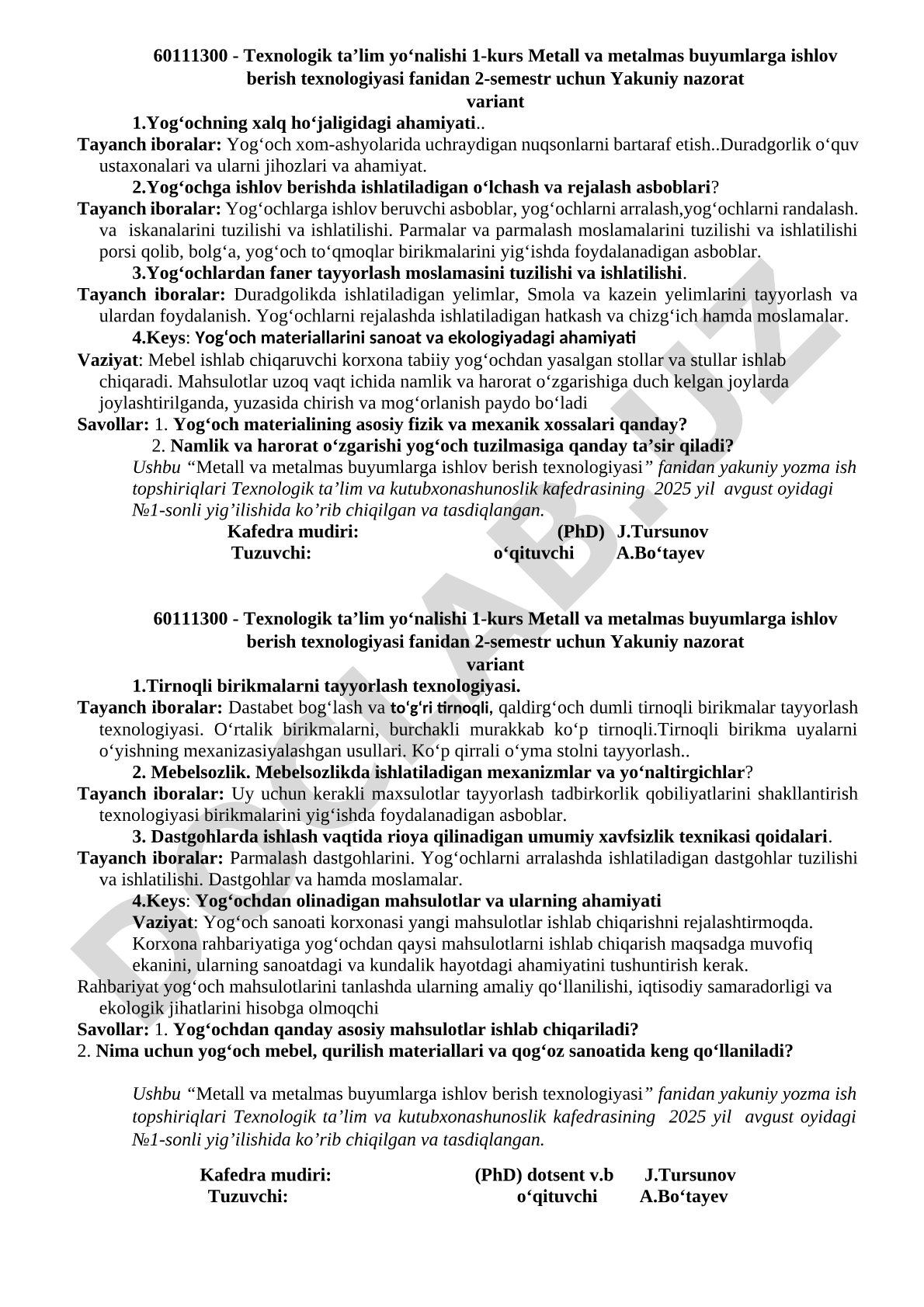 Metall va metalmas buyumlarga ishlov berish texnologiyasi yakuniy nazorat