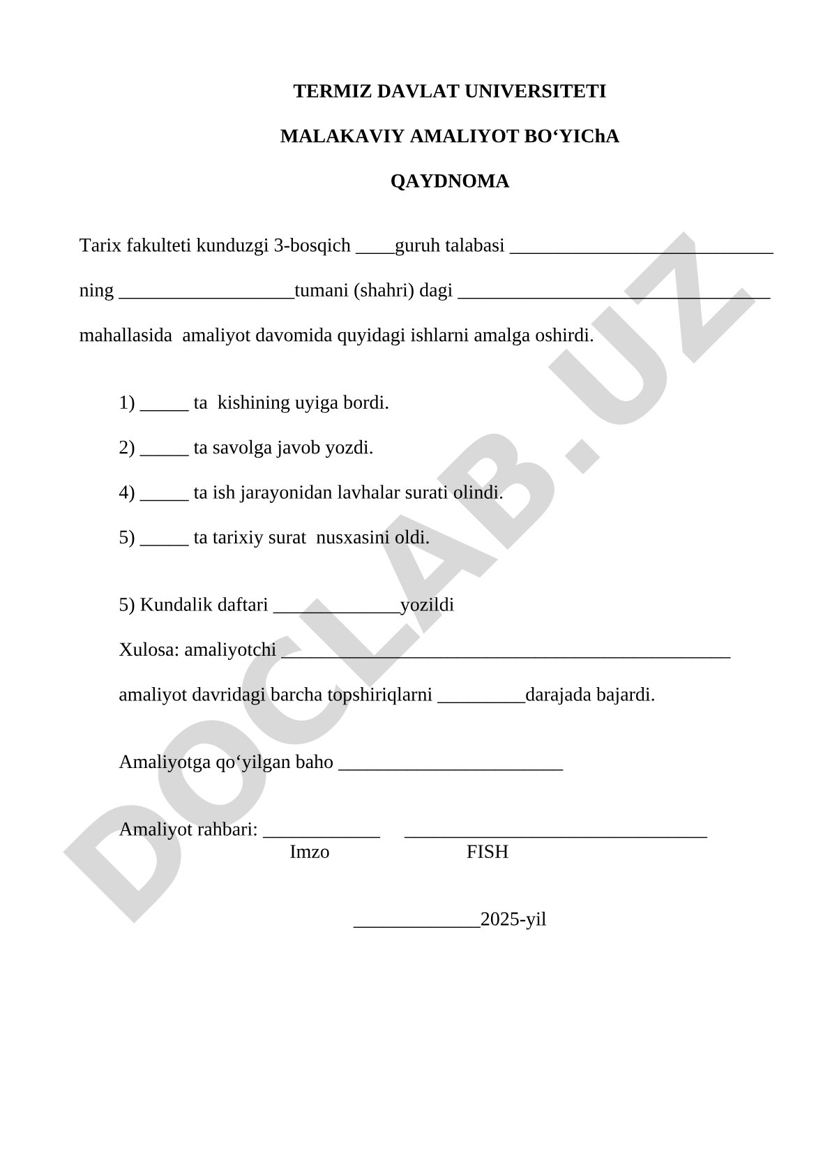 Termiz davlat universiteti malakaviy amaliyot bo‘yicha qaydnoma