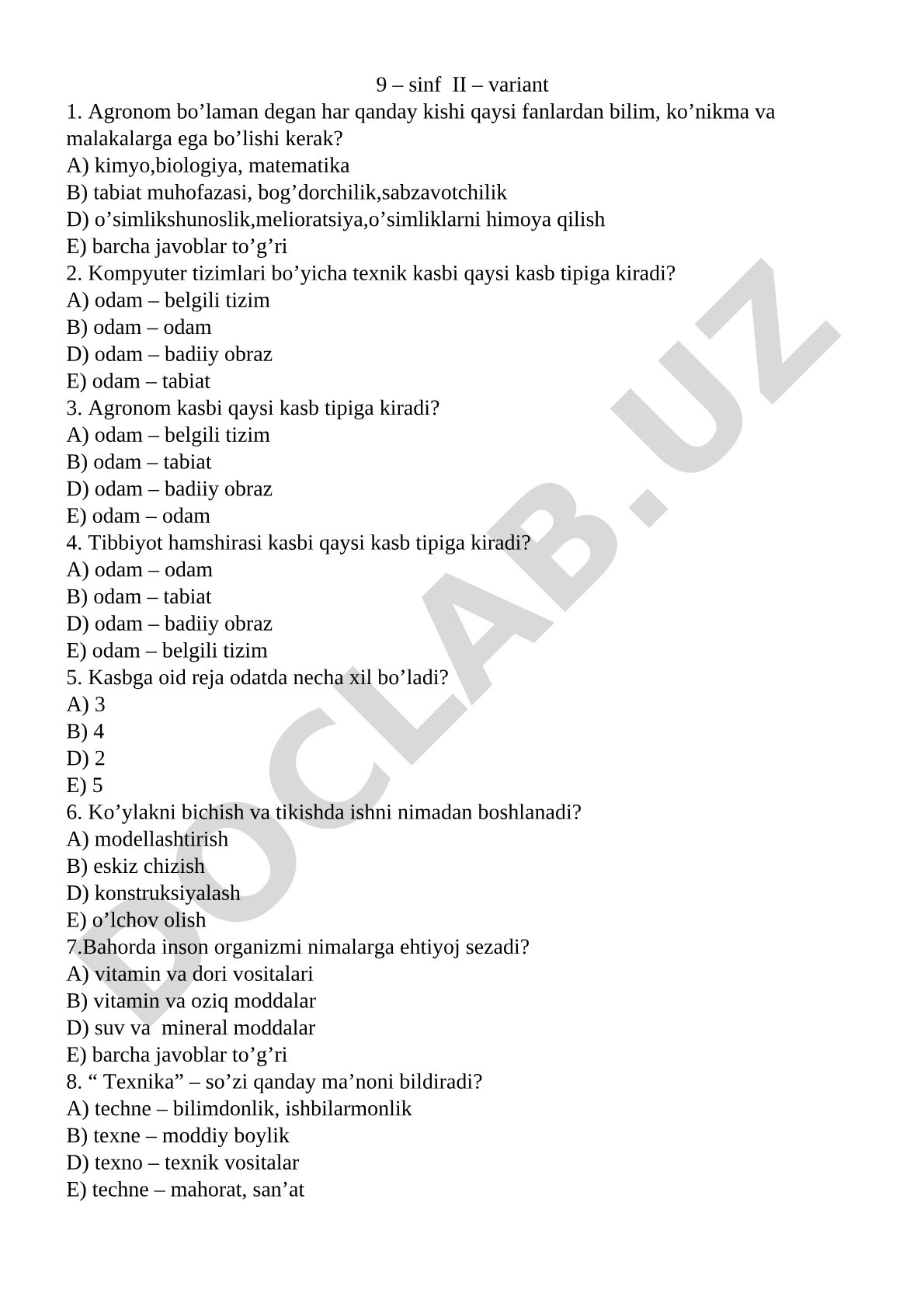 9-sinf II variant kasb turlari va texnologiya testi