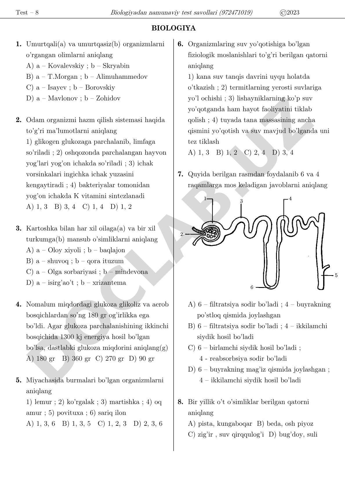 Biologiyadan namunaviy test savollari