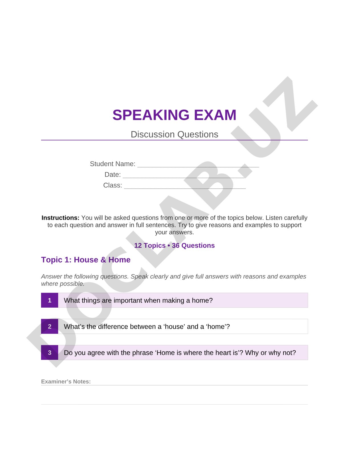 SPEAKING EXAM Discussion Questions