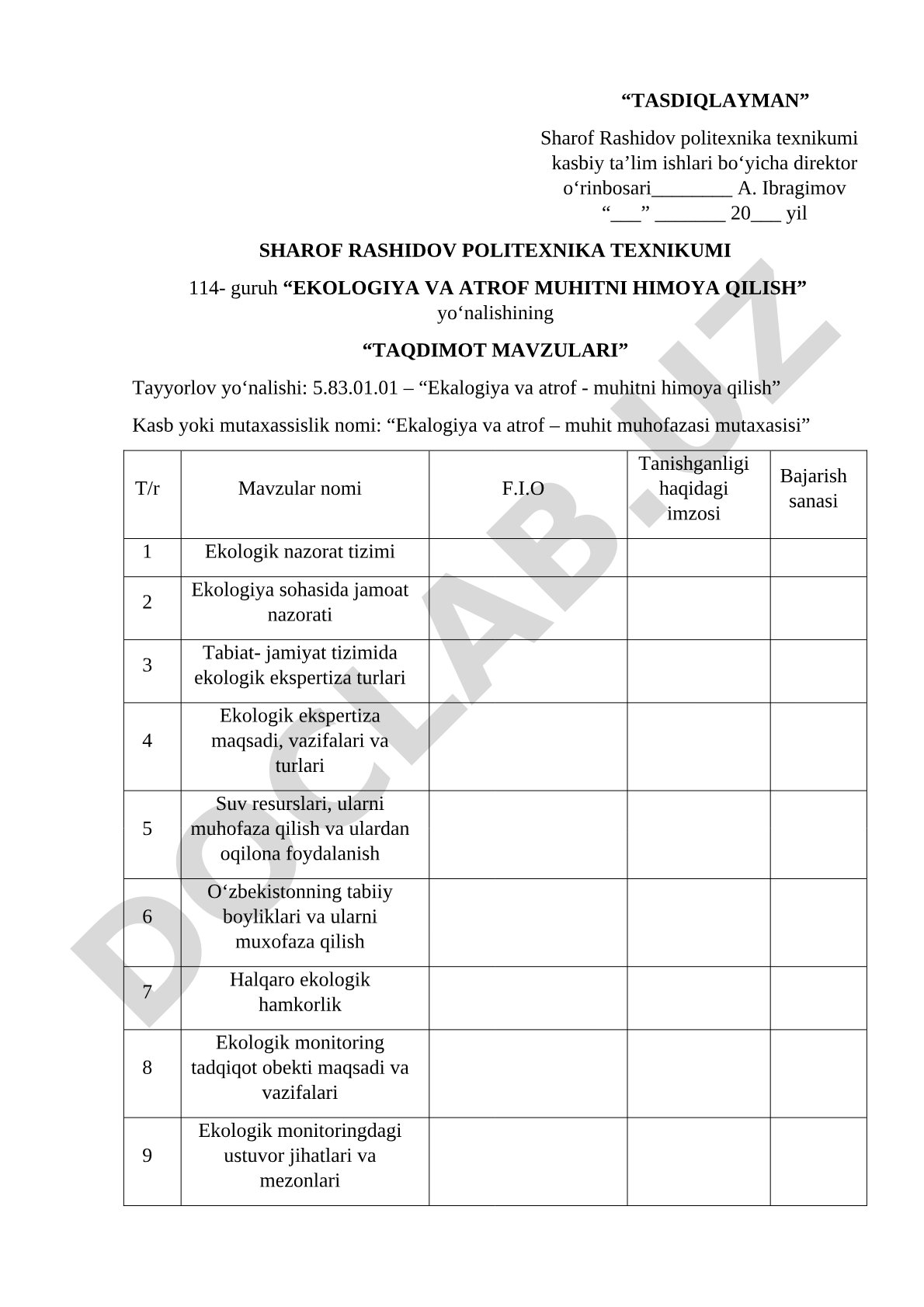 Ekologiya va atrof muhitni himoya qilish bo‘yicha mavzular