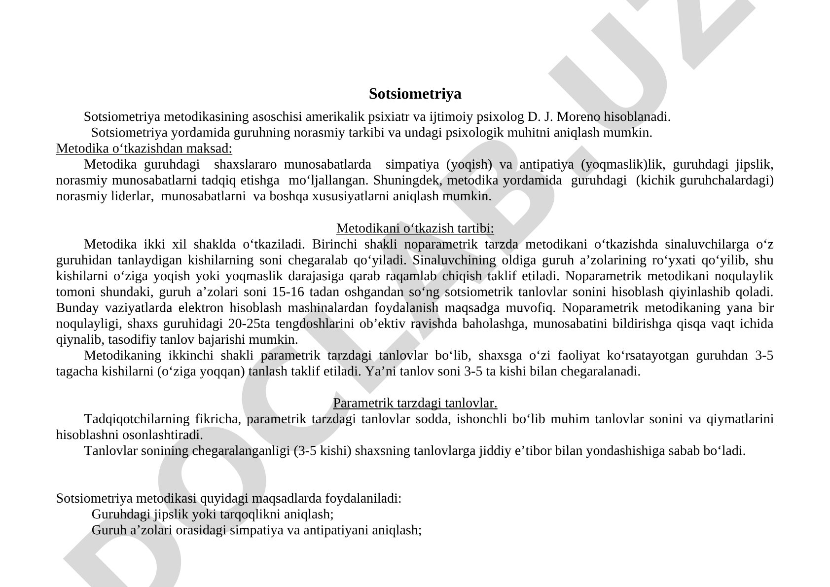 Sotsiometriya guruhdagi shaxslararo munosabatlarni o'rganish metodikasi