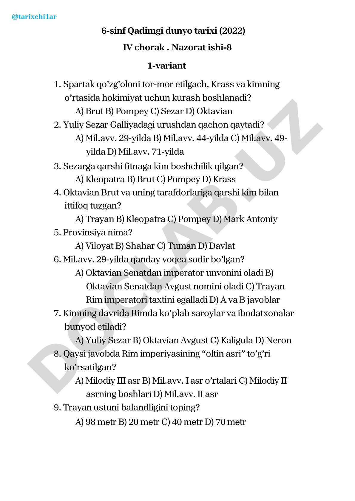 6-sinf Qadimgi dunyo tarixi IV chorak nazorat ishi (8-son, 1-variant)
