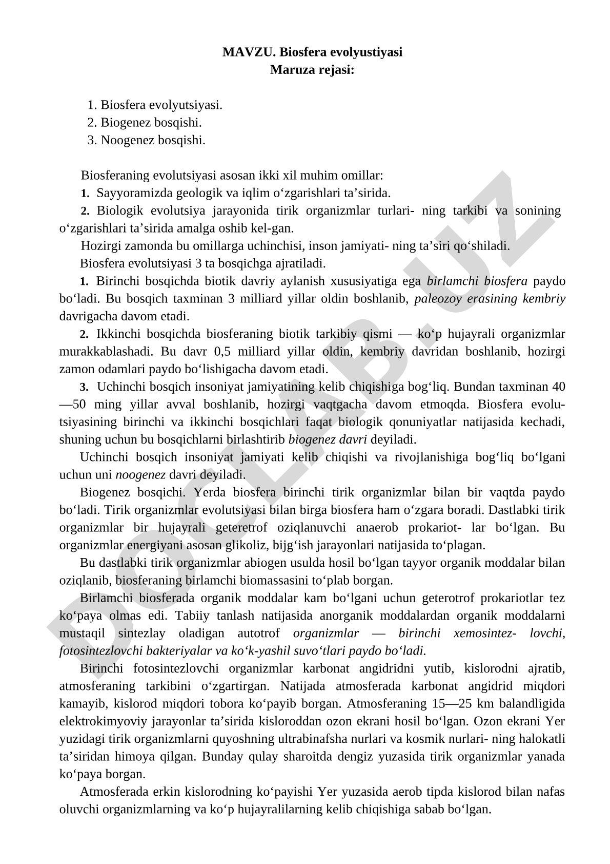 Biosfera evolyutsiyasining bosqichlari, omillari va inson ta'siri haqida maruza