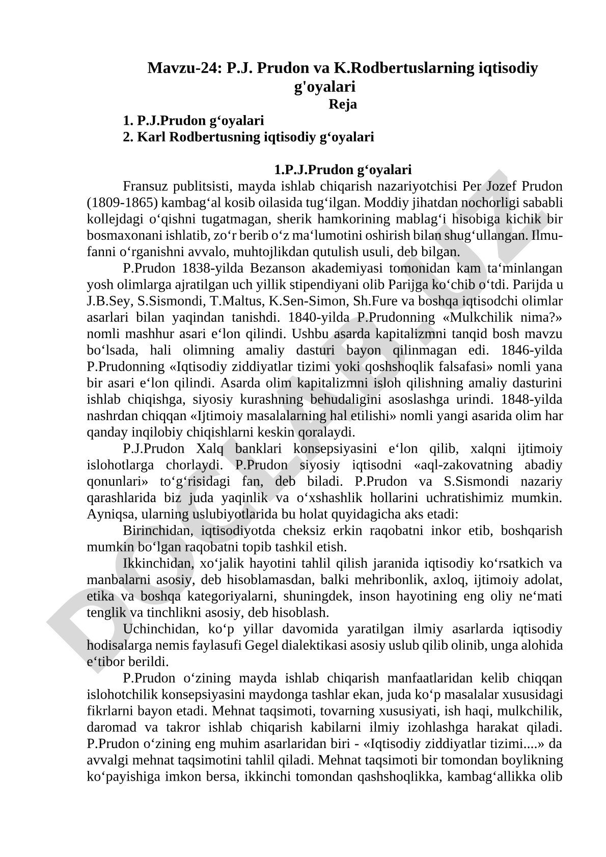 P.J. Prudon va K.Rodbertuslarning iqtisodiy g'oyalari