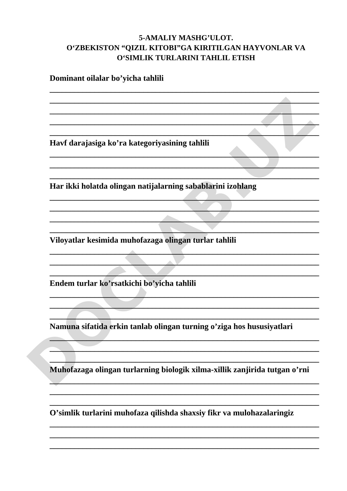 O‘zbekiston “Qizil kitobi”ga kiritilgan hayvonlar va o‘simlik turlarini tahlil etish