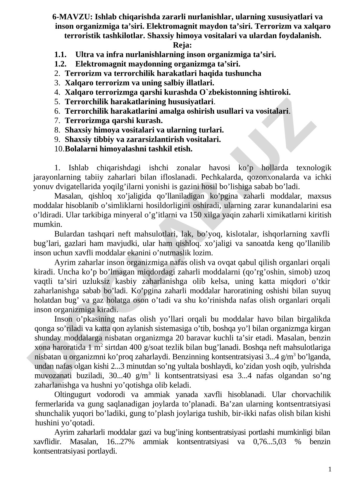 Ishlab chiqarishda zararli nurlanishlar, ularning xususiyatlari va inson organizmiga ta'siri