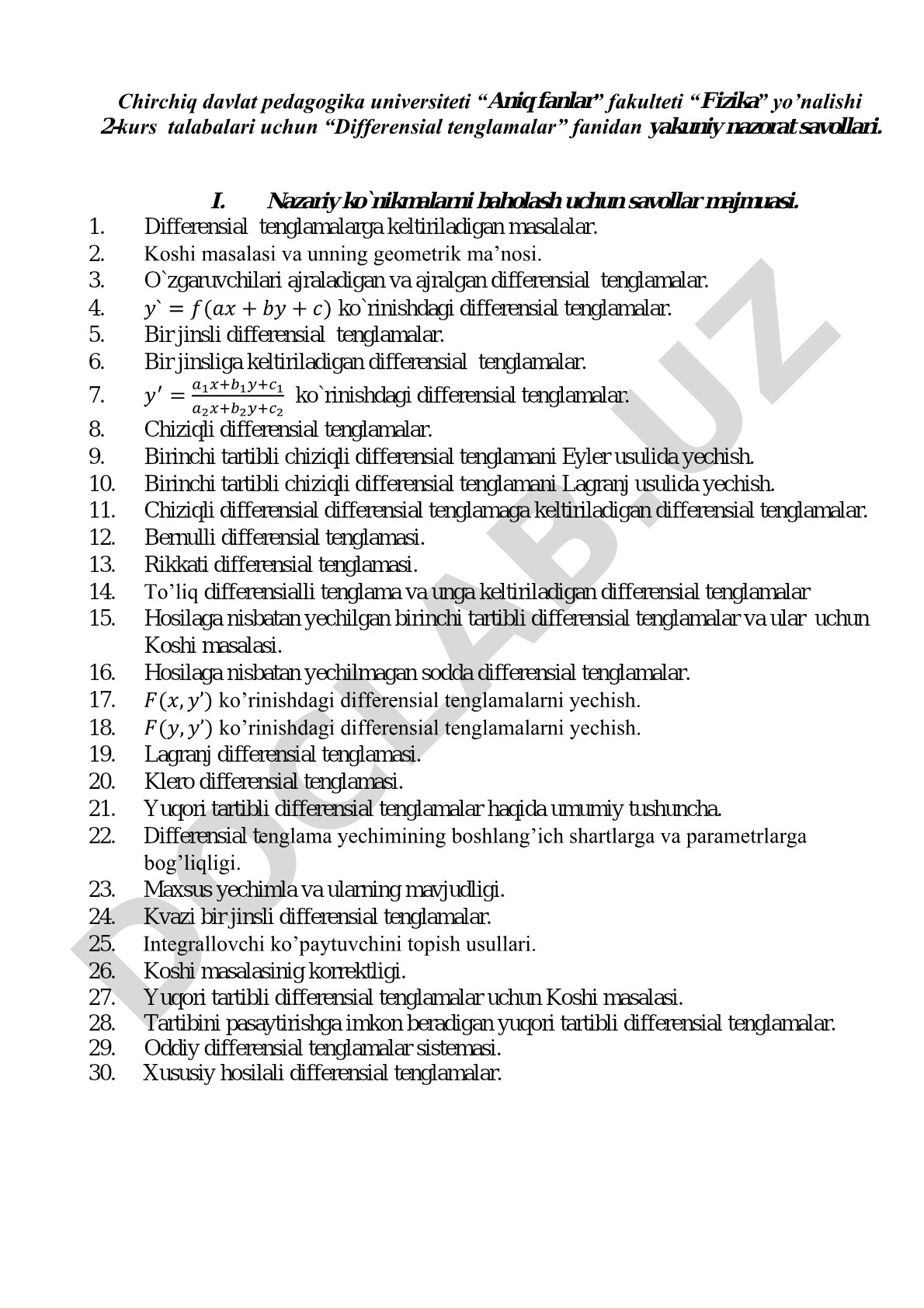Differensial tenglamalar fanidan yakuniy nazorat savollari