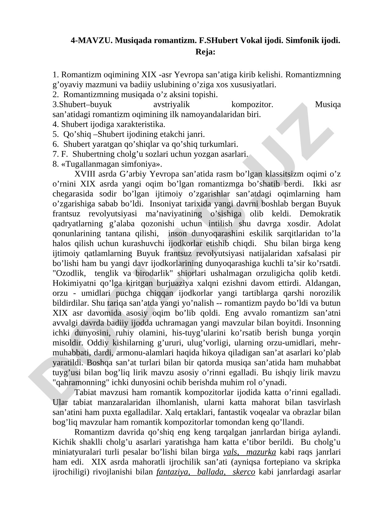 Musiqada romantizm. F.SHubert Vokal ijodi. Simfonik ijodi.