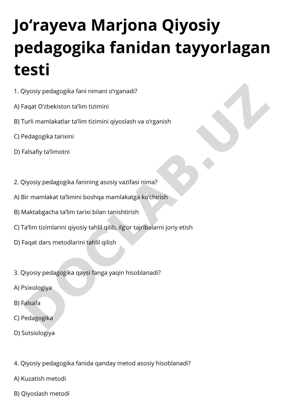 Qiyosiy pedagogika fanidan test savollari