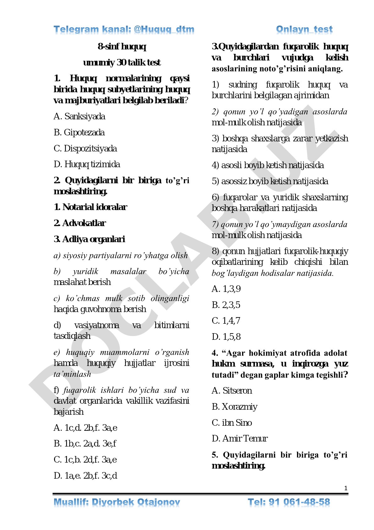 8-sinf huquq umumiy 30 talik test