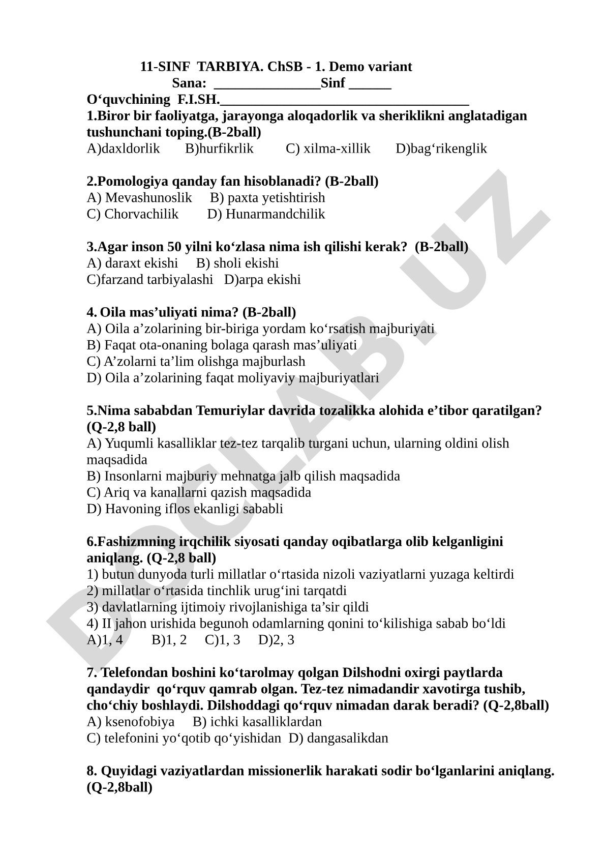 11-sinf Tarbiya fanidan ChSB-1 demo variant test savollari