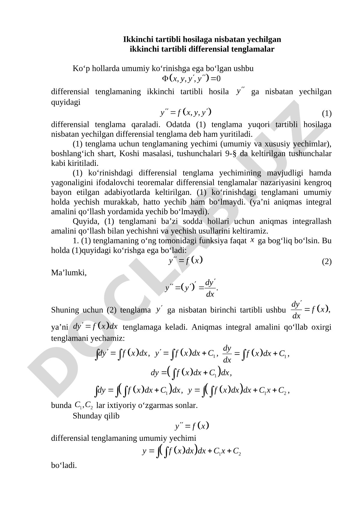 Ikkinchi tartibli hosilaga nisbatan yechilgan ikkinchi tartibli differensial tenglamalar